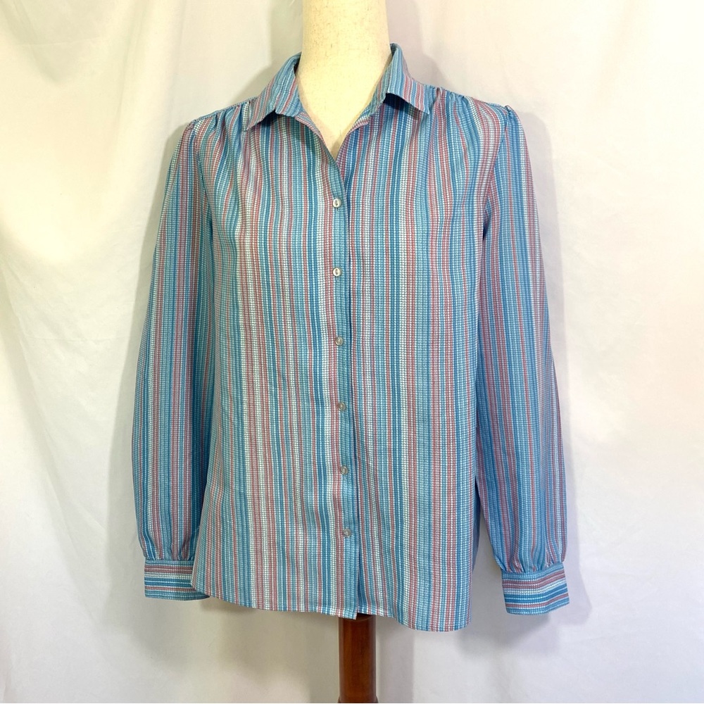 Women’s Vintage 80’s Lykettes Striped Polyester Blouse Large XL Long Sleeve